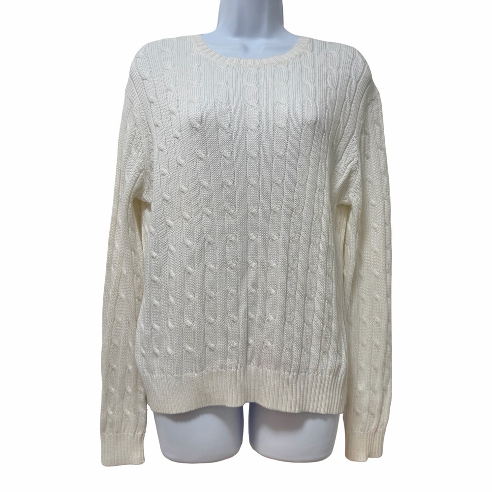 Brooks Brothers Womens Mercerized Cotton Cable Knit Sweater Size XL White Preppy